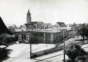 Depot der Zürichbergbahn, die Kraftstation befand sich im Anbau links des Depots, nur das Dach ist sichtbar
