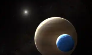 Künstlerische Darstellung von Kepler-1625b mit seinem vermuteten Mond