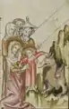 Wunder auf der Flucht: Jesus besänftigt einen Drachen und bestätigt seinen Eltern, dass die Tiere ihnen nichts anhaben werden. (Klosterneuburger Evangelienwerk, 14. Jahrhundert)