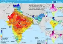 Karte Indiens mit nach Farblegende eingezeichneten Höchsttemperaturen für April. Die Maxima sind im Norden bis Nordwesten Indiens. Einzelne Werte in Madhya Pradesh liegen über 46 Grad Celsius und über 45 Grad Celsius in Rajasthan.