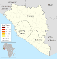 Regionale Verteilung der bestä­tigten und verdäch­tigen Erkran­kungs­fälle in Guinea, Liberia und Sierra Leone, Darstellung vom 25. August bis 12. Oktober 2014 (danach andere, nicht übertragbare Einteilung).