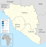 Regionale Verteilung der bestä­tigten und verdäch­tigen Erkran­kungs­fälle in Guinea, Liberia und Sierra Leone, Darstellung ab 19. Oktober 2014 (davor andere, nicht übertragbare Einteilung).