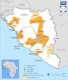 CDC: Regionale Verteilung der bestä­tigten und verdäch­tigen Erkran­kungs­fälle während der Ebolafieber-Epidemie in Westafrika 2014, Darstellung bis 14. September 2014 (6 Entwicklungsschritte)