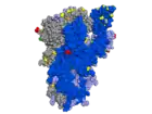 Spike-Protein mit hervorgehobenen Mutationen, Blick von der Seite auf die rezeptorbindende Domäne (RBD)