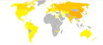 Suizide pro 100.000 Männer (links) bzw. Frauen (rechts) pro Jahr (Datengrundlage 1978–2008).
< 1
1–5
5–5,8
5,8–8,5
8,5–12
12–19
19–22,5
22,5–26
26–29,5
29,5–33
33–36,5
>36,5