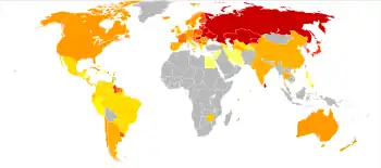 Suizide pro 100.000 Männer (links) bzw. Frauen (rechts) pro Jahr (Datengrundlage 1978–2008).
< 1
1–5
5–5,8
5,8–8,5
8,5–12
12–19
19–22,5
22,5–26
26–29,5
29,5–33
33–36,5
>36,5